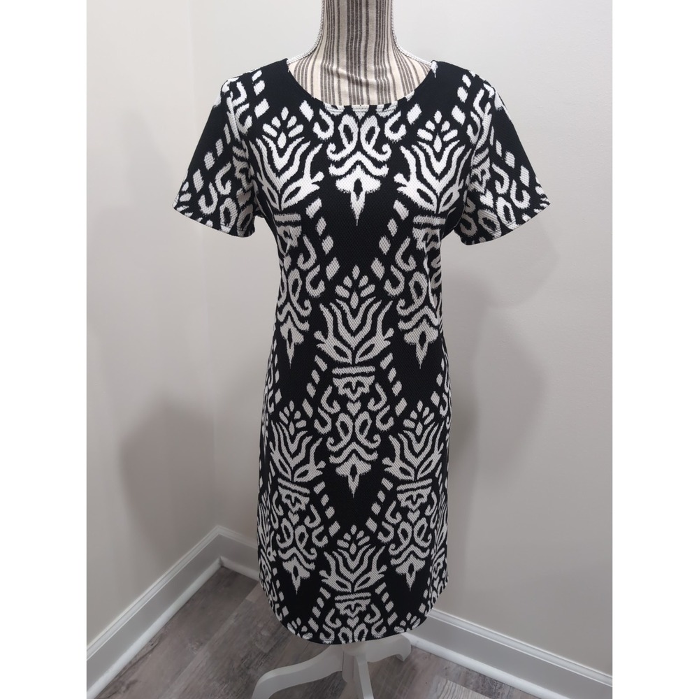 Sunny Leigh Black & White Short Sleeve Geometric Dress Back Zip Size 10 Office